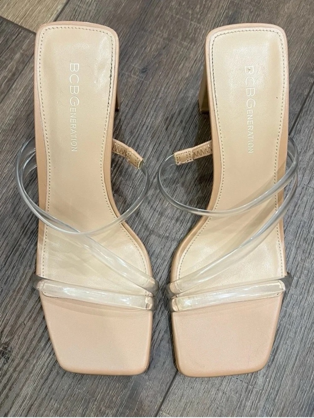 BCBGeneration Nude Clear Strap Square Toe Heels - Picture 2 of 3